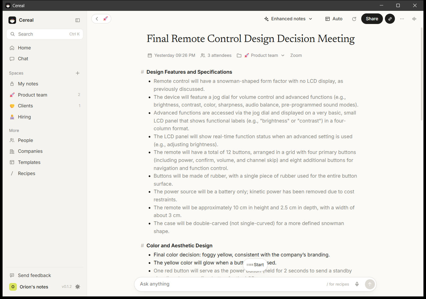 Cereal meeting page with AI-written notes on the left and a transcript split by speaker on the right