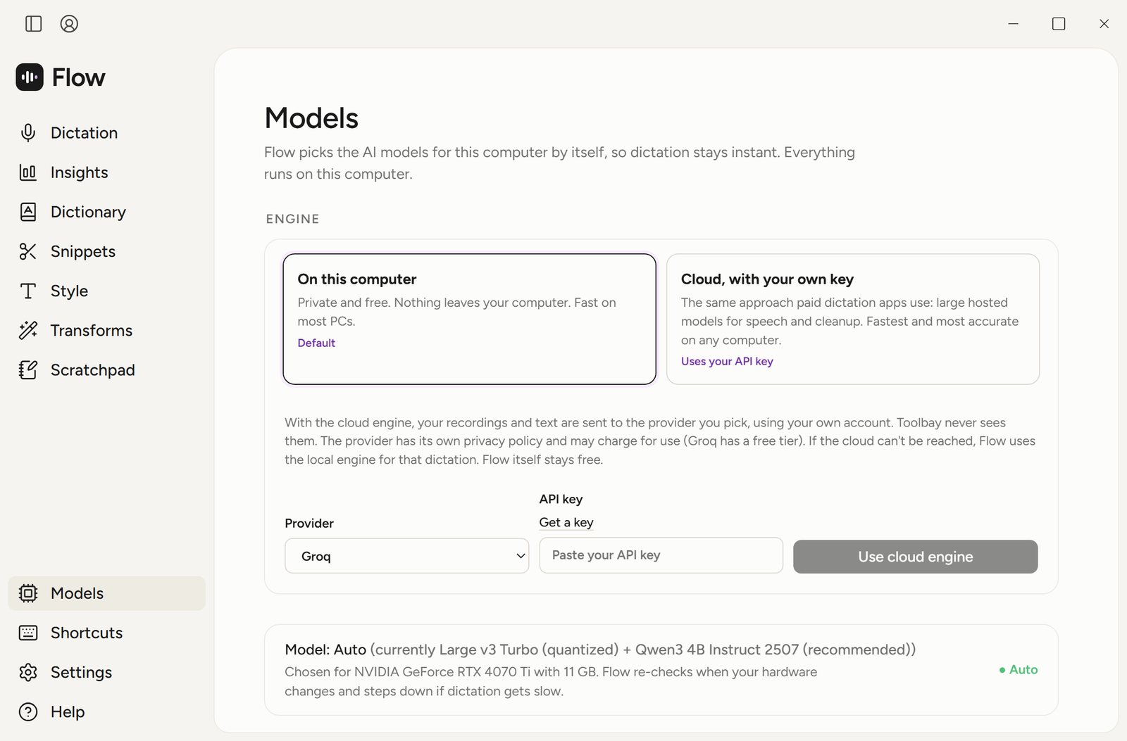 Toolbay Flow Models settings: the on-this-computer engine selected by default, and the automatic model choice for an NVIDIA RTX 4070 Ti